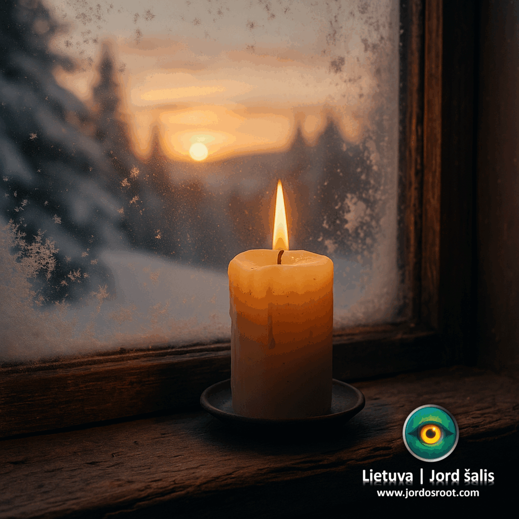 Žvakė prie lango žiemos saulėlydyje